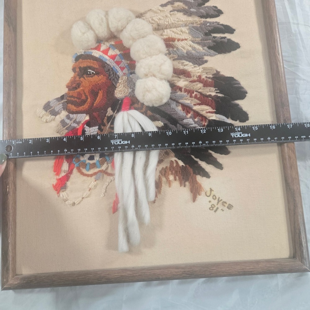Vintage 1981 Hand Embroidery Needlepoint Native American Chief Framed Wall Art - Picture 15 of 16